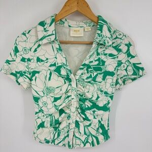 Maeve Anthropologie Green Floral Ruched Polo Style Cropped Cotton Top